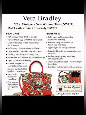 Vera Bradley Y2K Quilted Floral (L) Satchel Tote Red Leather Trim Crossbody NWOT